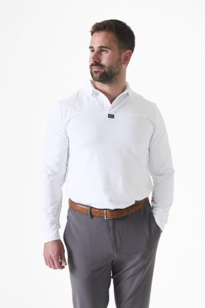 Elevate your golf game with the Men's Elements Golf Long Sleeve Polo (White), designed to meet the demands of movement and performance on the course. Crafted from a premium cotton and spandex blend, this polo offers a lightweight feel and unmatched softness for all-day comfort.